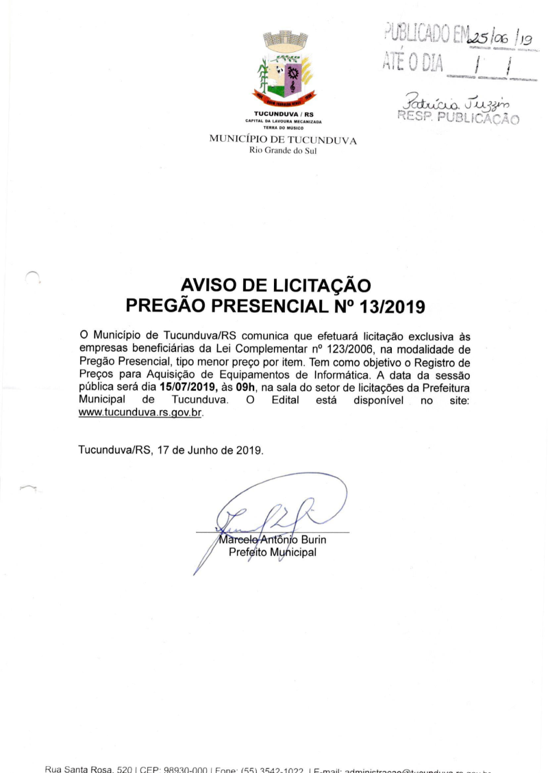 AVISO DE PP Nº 13/2019  - SRP - AQUISIÇÃO DE EQUIPAMENTOS DE INFORMÁTICA.